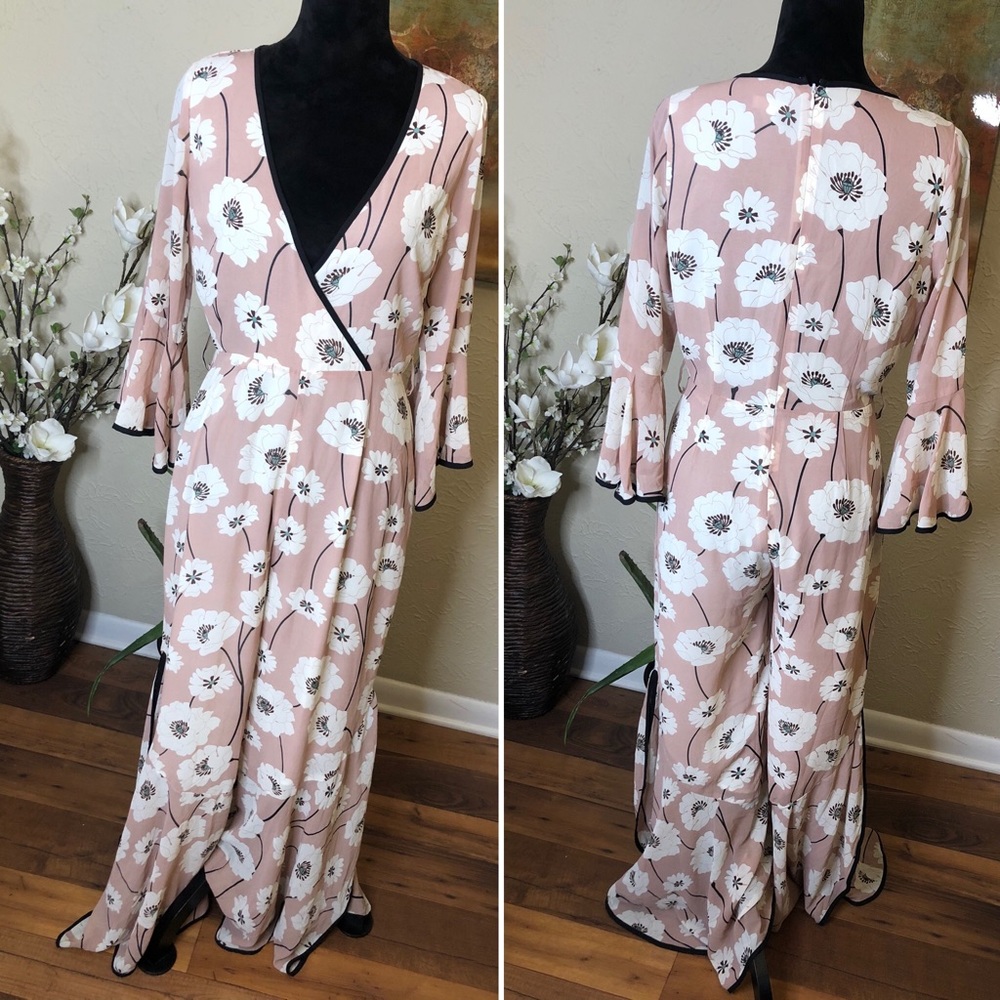 Lucca Deep V-Neck Floral Belle Sleeve Jumpsuit